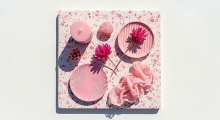 Pink Still Life: Candle, Flowers, Plates on Terrazzo Surface