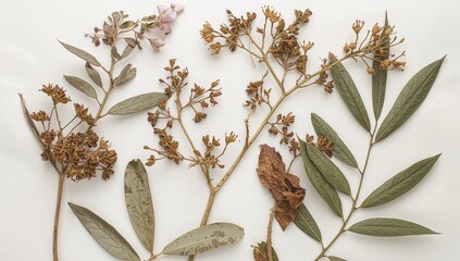 Pressed and dehydrated bindweed blooms with olive foliage on a white backdrop. Ideal for floral designs, arrangements, herbariums, scrapbooks, and flower art.