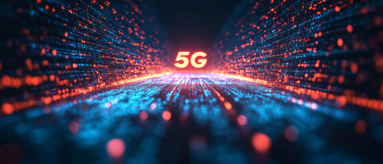 Digital abstraction with the inscription "5G" against a background of glowing lines and dots.
Suitable for illustrations about technology, innovation, the future of communication