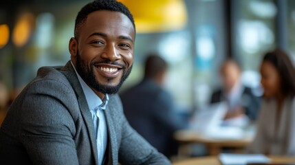 Fototapeta premium A smiling man in a business suit sits at a desk in a modern office. Used for illustrations about corporate culture, business meetings, successful career stories, and work atmosphere.