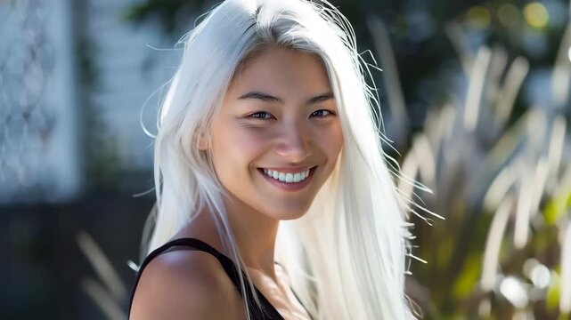 Video of young beautiful asian woman with long blond white hair and cute smile wearing black t-shirt.Zoom out slow motion.AI Generative.