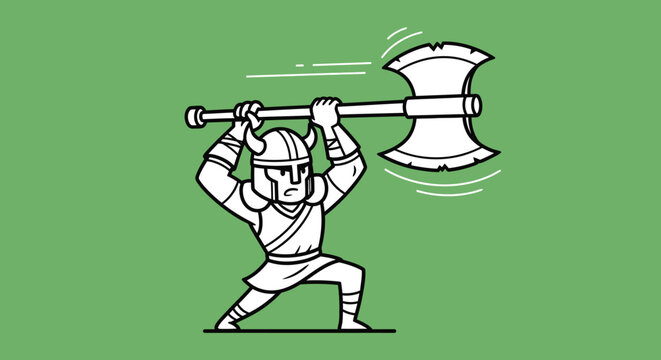 Fototapeta Cartoon warrior wielding a massive axe in a dynamic pose ready for an action game hero adventure