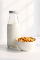 Glass bottle of milk next to a bowl of golden corn flakes cereal on a white surface