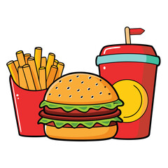 An illustration of various burger and fast-food items
