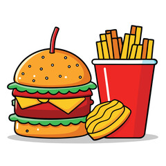 An illustration of various burger and fast-food items