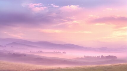 Obraz premium Morning light paints the sky in gentle colors revealing a tranquil landscape of hills and fog.
