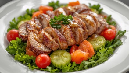 Tender Pork Loin Slices Served With a Fresh Vegetable Salad