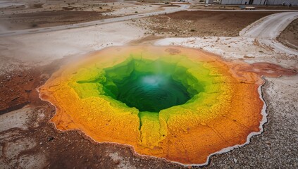 Aerial view of a geothermal fountain in a desert landscape, showcasing sulfur yellow hues, erosion risk