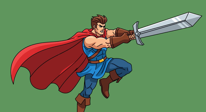 Cartoon superhero wielding a sword, set against a vibrant green background illustration style