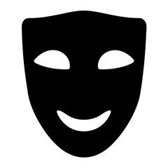 Black and white theatrical mask with simple smiling expression and blank eyes