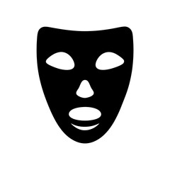 Black silhouette of theatrical or drama mask icon, Minimal black icon of a face mask with cut-out eyes and mouth, symbolizing theater, performance, disguise, or emotion in drama.
