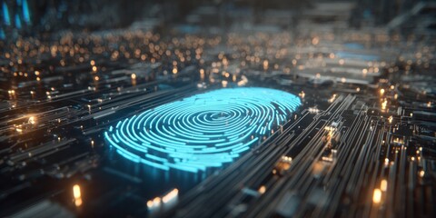 Glowing digital fingerprint rests upon complex electronic circuitry in a futuristic security concept