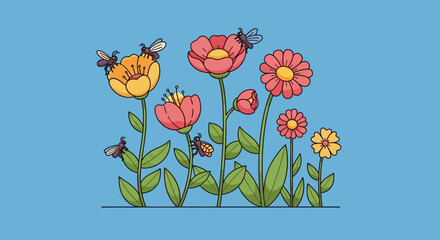 Bumblebees collecting nectar from colorful wildflowers in a digitally created garden illustration