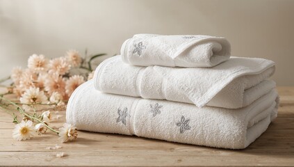 Cotton blossoms resting on a stack of fluffy white towels