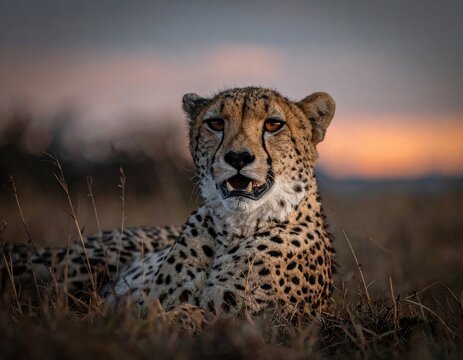 Cheetah resting in grassland at sunset with dramatic evening sky in African savanna