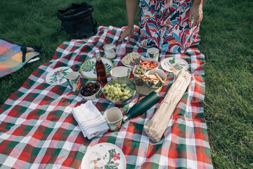 Family enjoying a picnic outdoors with food and drinks on a checkered blanket