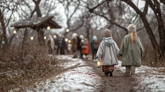 Two young children holding hands walk along a snowy path through a forest. A child holds a glowing lantern, lighting the way toward a festive gathering
