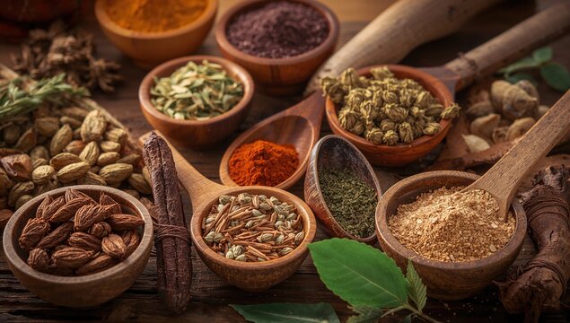 Natural herbal remedies and spices arranged in wooden bowls and spoons for men's wellness.