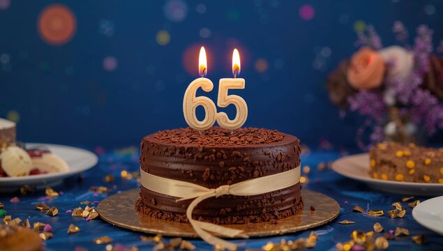 Birthday cake featuring a lit candle shaped as the number sixty five, marking a special milestone