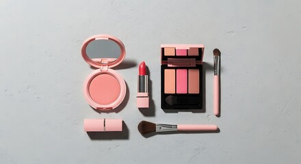 Pink Makeup Cosmetics Flat Lay Arrangement with Brushes