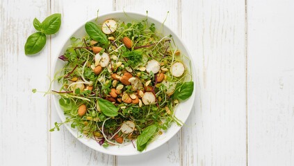 Plate of assorted sprouts and almonds salad