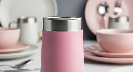 Pink and Silver Thermal Cup Detail With Dinnerware on Soft Background