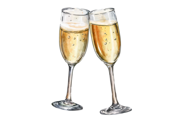 Two Champagne Glasses Clinking with Golden Bubbles, Celebration Toast Isolated on White