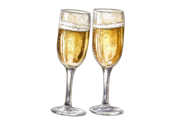 Two Champagne Glasses Clinking with Golden Bubbles, Celebration Toast Isolated on White