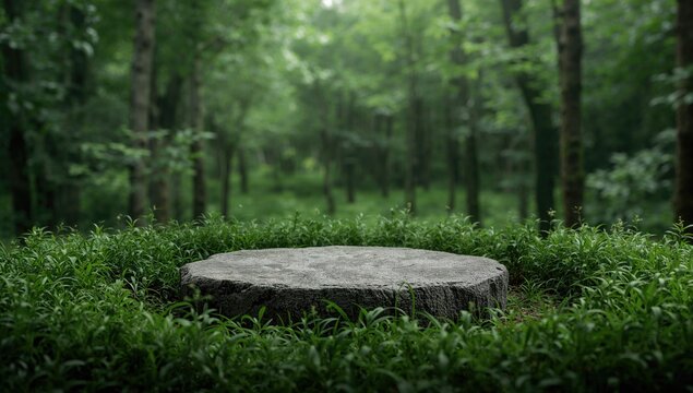 Fototapeta Abstract forest setting with a stone base and greenery, suitable for natural product presentations