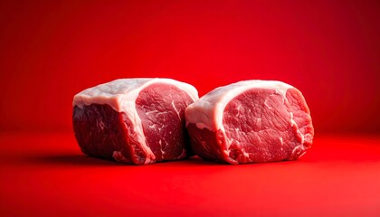 Two Raw Beef Steaks Against a Bold Red Background