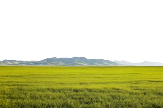 Vast empty summer spring landscape with mountain range in the distant horizon isolated on transparent background.