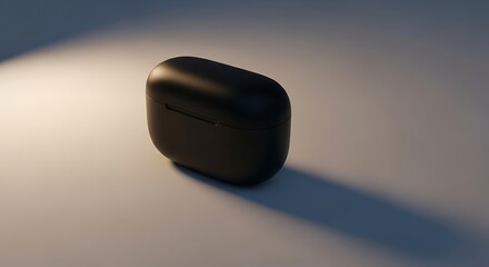 Black Wireless Earbuds Case Minimalist Still Life on White Tabletop with Dark Shadow