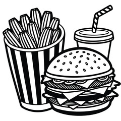 An illustration of various burger and fast-food items