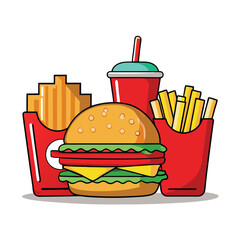 An illustration of various burger and fast-food items