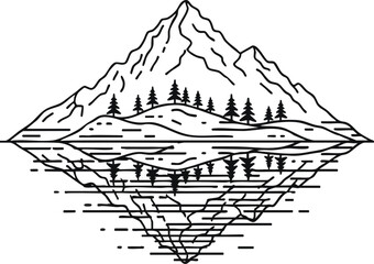 A minimalist line art illustration depicts a mountain landscape with pine trees and a serene lake reflection