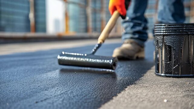 Construction worker applying liquid waterproofing bitumen coating with a roller on a building rooftop.