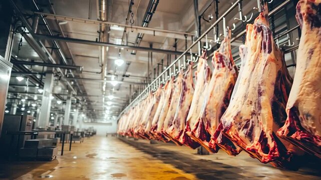 Fresh raw beef carcasses hanging on hooks in a cold storage room of a modern meat processing plant