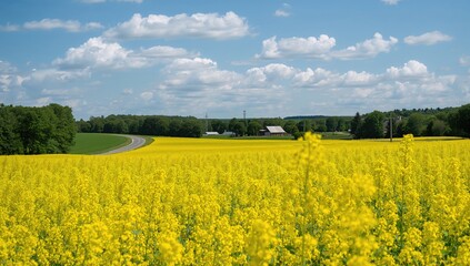Fototapeta premium Summer landscape with rapeseed blossoms, road, and trees under a blue sky