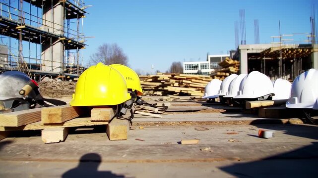Construction site with safety helmets - Powered by Adobe