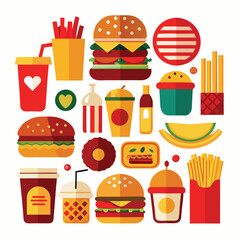 An illustration of various burger and fast-food items