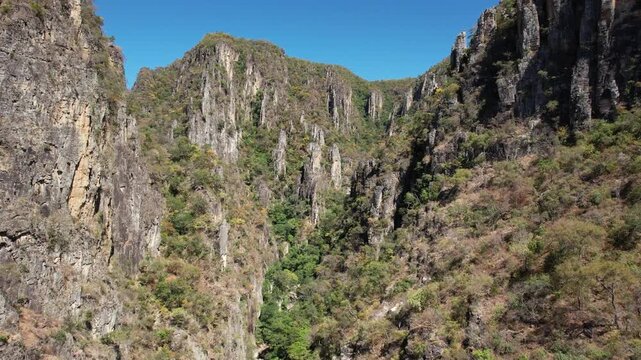 canyons and valley Guardian waterfall,  Vao do Moleque community in Chapada dos Veadeiros,  blue water, sunny day, incredible landscape