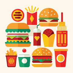 An illustration of various burger and fast-food items