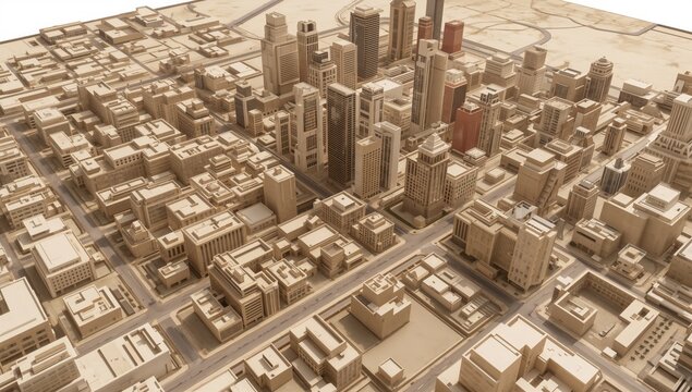 Fototapeta Aerial view of a modern city's central business area featuring towering skyscrapers and empty streets, urban planning concept