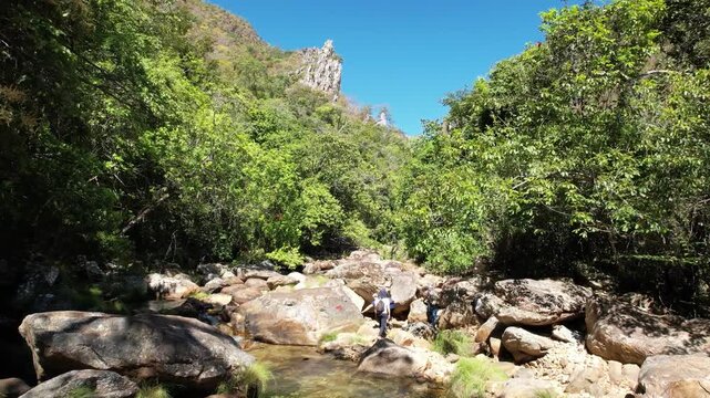 canyons and valley Guardian waterfall,  Vao do Moleque community in Chapada dos Veadeiros,  blue water, sunny day, incredible landscape