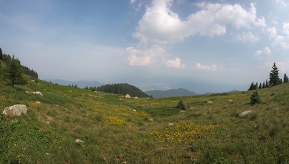 Fototapeta premium Mountain picnic spot nestled in a scenic forest clearing with lush greenery and open skies