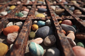 Rusted Grate with Vibrant Pebbles