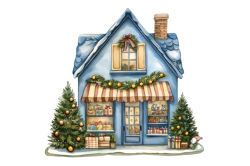 Watercolor Christmas toy shop illustration decoration storefront isolated on white background.