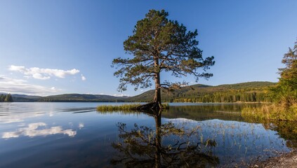 Scenic Tree Standing Beside a Calm Lake