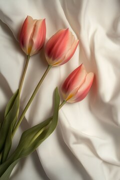Pink Tulips on White Fabric Background