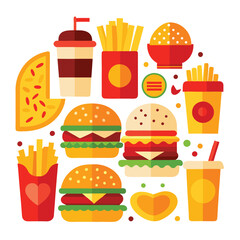 An illustration of various burger and fast-food items